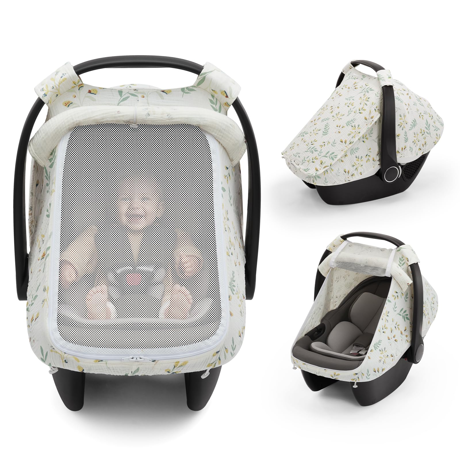 Blissful Diary Baby Car Seat Cover, Extra Large Mesh Window, Breathable Muslin Cotton, Infant Windproof Canopy - Botanical Leaf