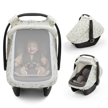 Blissful Diary Baby Car Seat Cover, Extra Large Mesh Window, Breathable Muslin Cotton, Infant Windproof Canopy - Botanical Leaf