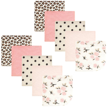 Hudson Baby Unisex Baby Flannel Cotton Washcloths, Neutral Pink Floral 10 Pack, One Size