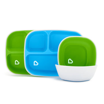Munchkin Splash 4 Piece Toddler Divided Plate And Bowl Dining Set, Blue/Green