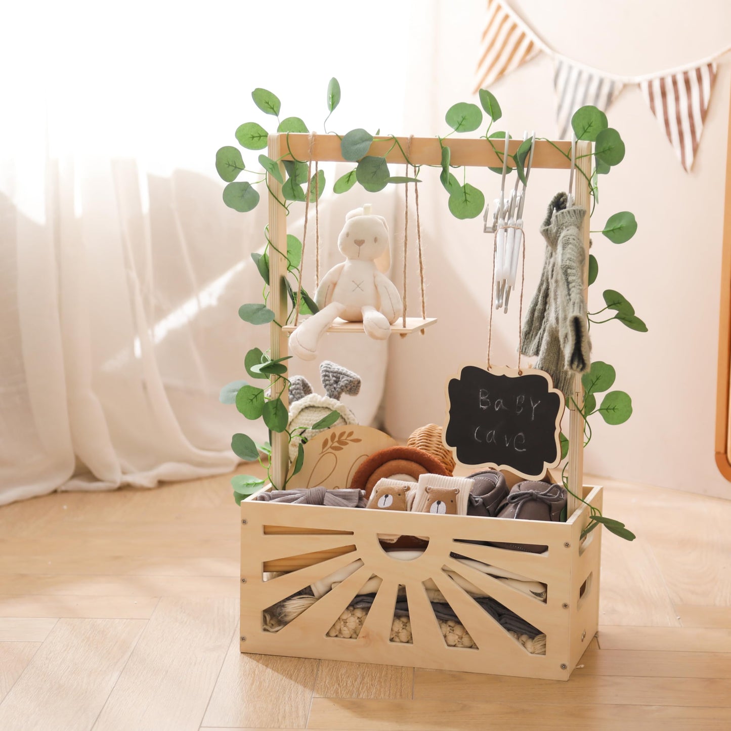 Wooden Baby Shower Crate Closet, Baby Basket With Adjustable Handle And Garland, Storage Crate Hamper, Baby Shower Wooden Gift C