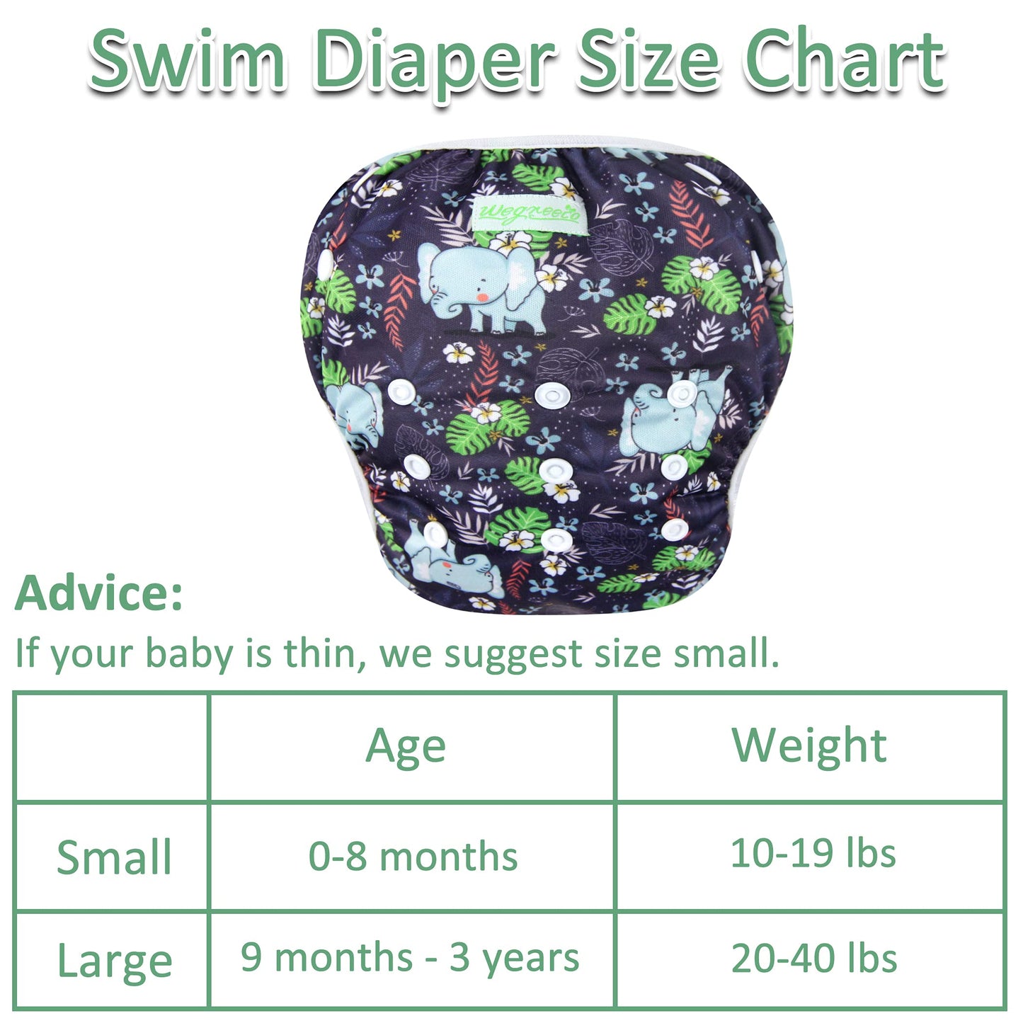 Wegreeco Baby & Toddler Snap One Size Adjustable Reusable Baby Swim Diaper (Plant, Small, 3 Pack)