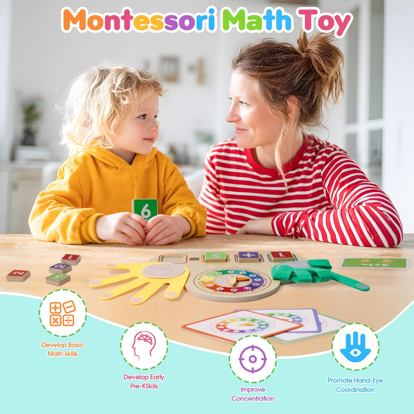 Montessori Learning Toys for Toddlers 3 4 5 years, Finger Counting Number Blocks and Clock Wooden Toys for Kids, Educational Mat
