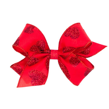 Wee Ones Girls' Heart Print Hair Bow On Weestay No-Slip Clip, Taffeta Glitter, Medium, Red