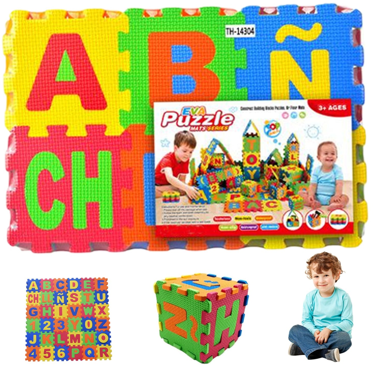36 Tiles Puzzle Carpet, 31x31 EVA Foam Baby Mat for Floor Interlocking Spanish Alphabet Foam Puzzles Mat for Play & Exercise Pla