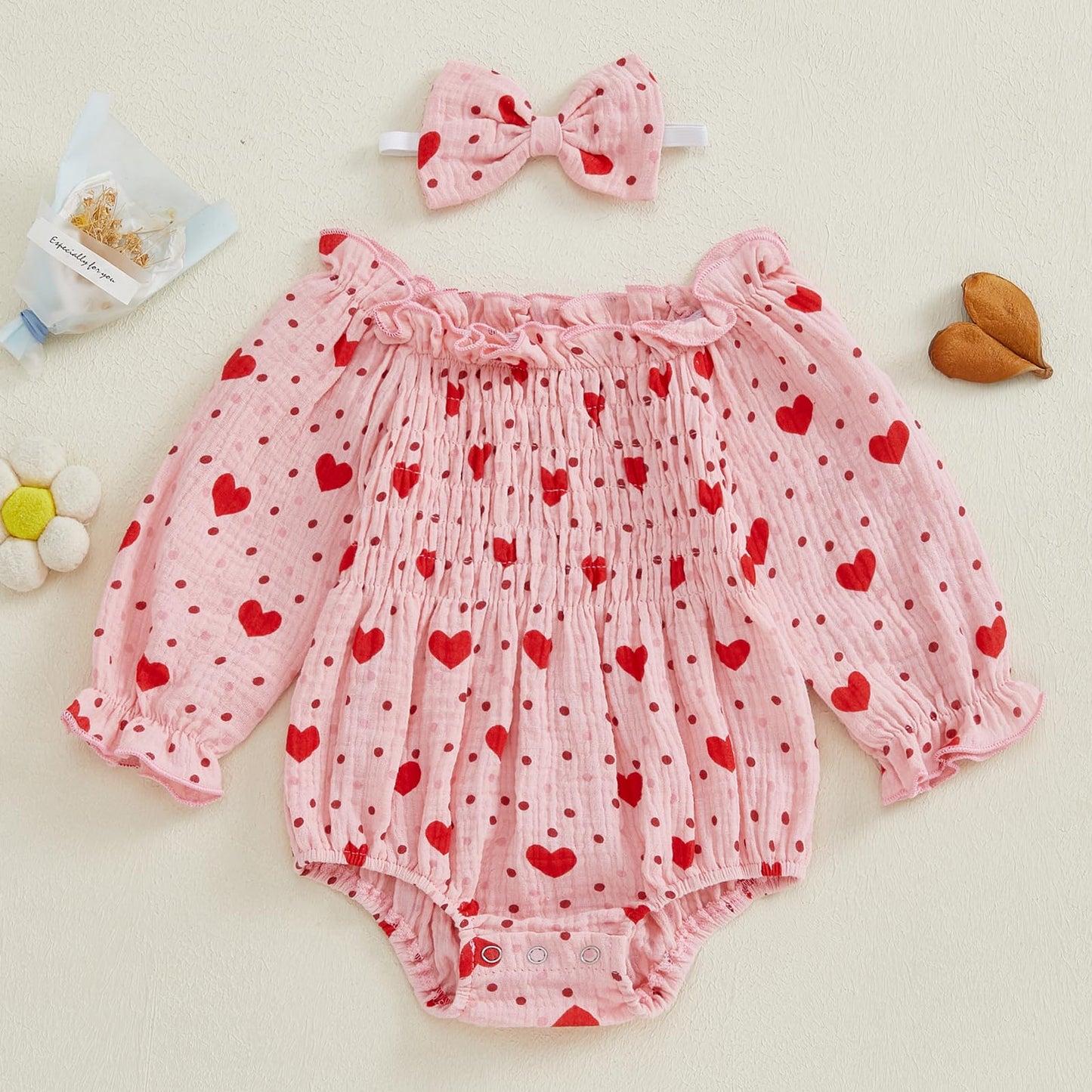 Baby Girls Valentines Day Romper Heart Print Long Sleeve Jumpsuit Cute Headband Newborn Infant Valentine Outfit (Pink, 0-3 Month