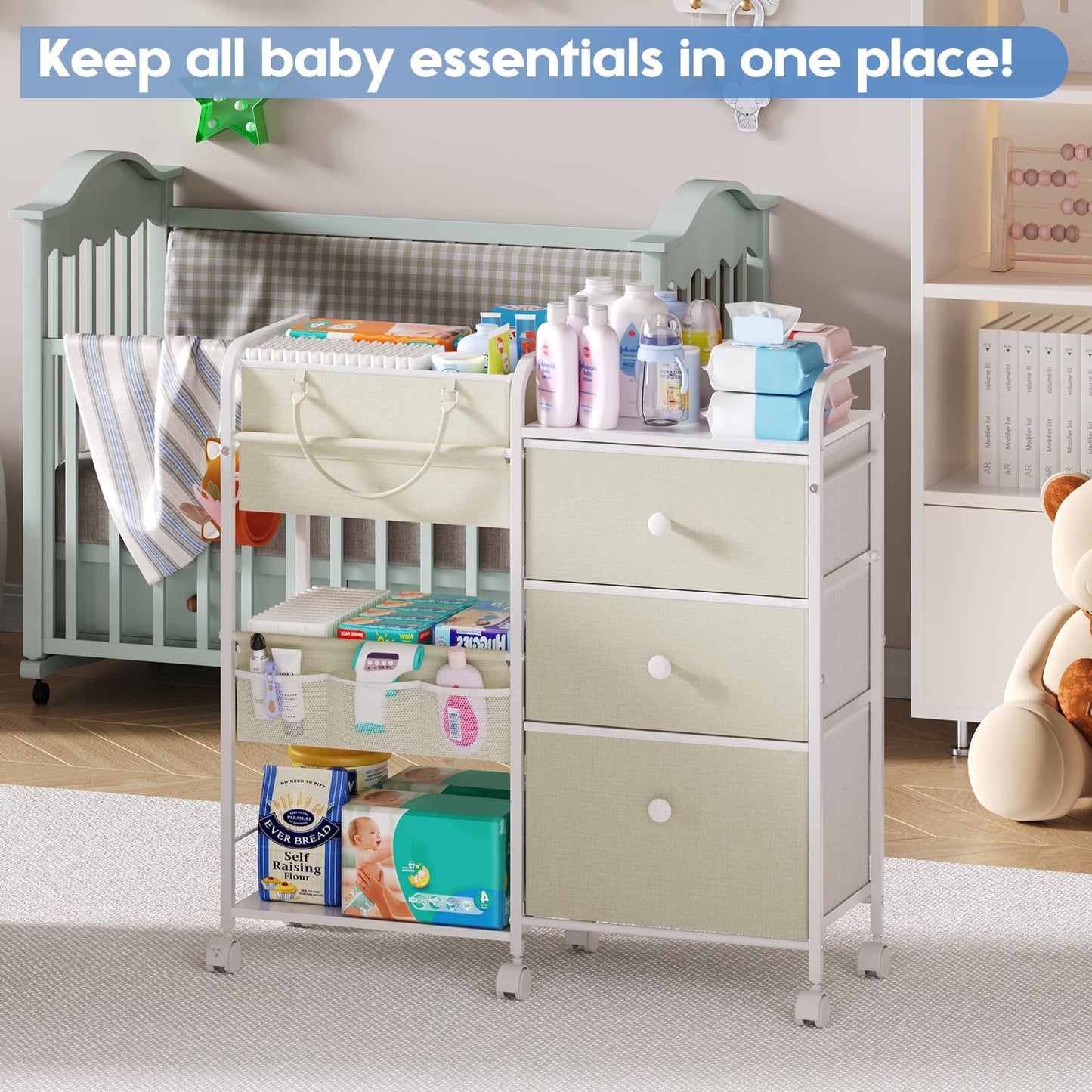 Cidaziya 2In1 Baby Diaper Caddy Organizer and Storage, 3 Tier Rolling Cart with Dividers and Drawers, Mobile Utility Cart Baby D