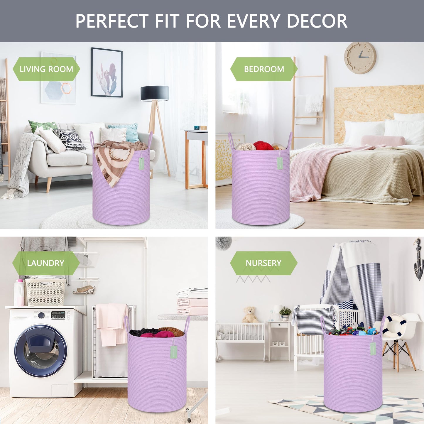 Bosroty Large Cotton Rope Laundry Hamper 65L, Baby Nursery Hamper Bin With Handles, Woven Storage Basket For Living Room Bedroom