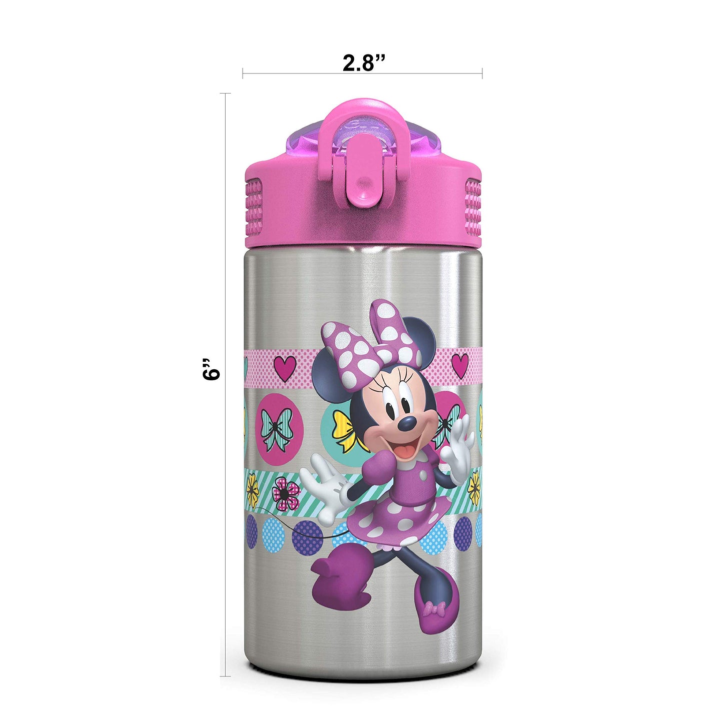 Zak Designs Disney Minnies Happy Helpers - Stainless Steel Water Bottle With One Hand Operation Action Lid And Built-In Carrying