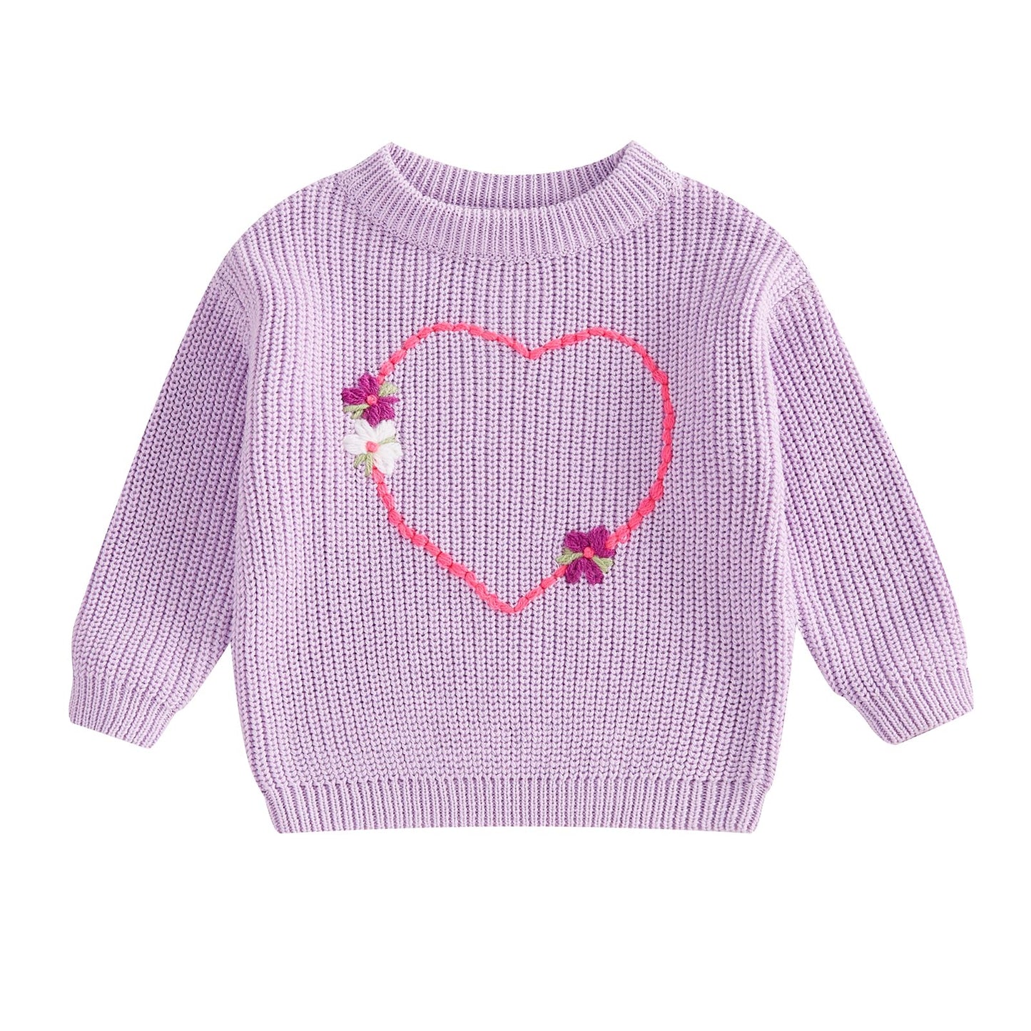 Baby Girl Cute Long Sleeve Heart Flowers Embroidery Oversized Sweater Toddler Valentine Outfit (Purple, 12-18 Months)