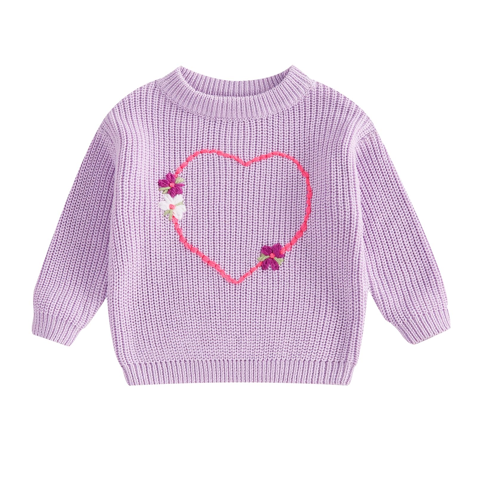Baby Girl Cute Long Sleeve Heart Flowers Embroidery Oversized Sweater Toddler Valentine Outfit (Purple, 9-12 Months)