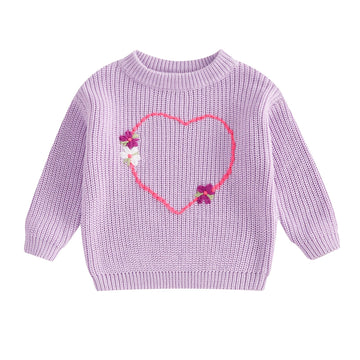 Baby Girl Cute Long Sleeve Heart Flowers Embroidery Oversized Sweater Toddler Valentine Outfit (Purple, 9-12 Months)