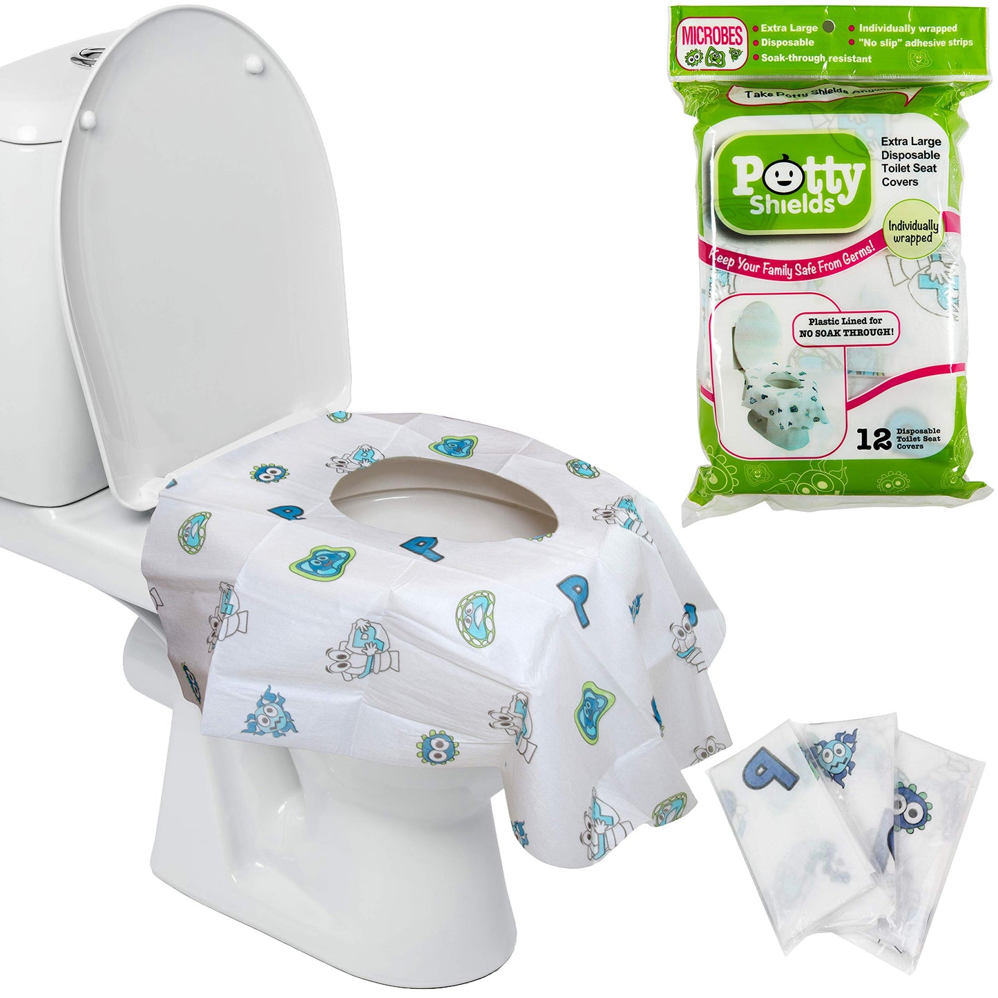 Potty Shields Toilet Seat Covers Disposable (12 Pack) - Xl Waterproof Toilet Cover For Toddlers, Kids & Adults - Portable & Indi