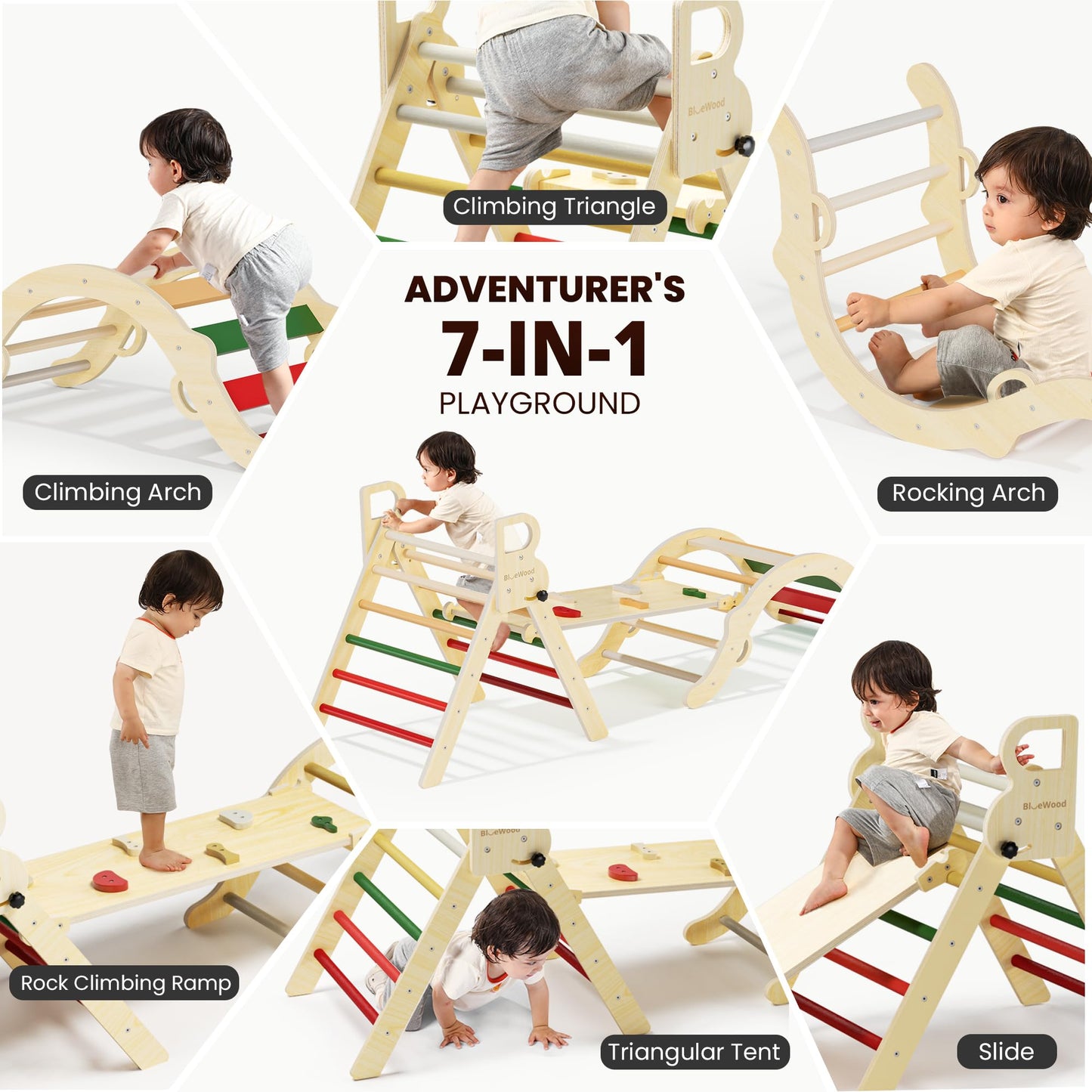 Bluewood Pikler Triangle Set, Toddler Wooden Climbing Toys Indoor 7In1 Foldable Climber For Kids, Montessori Philosophy Play Jun