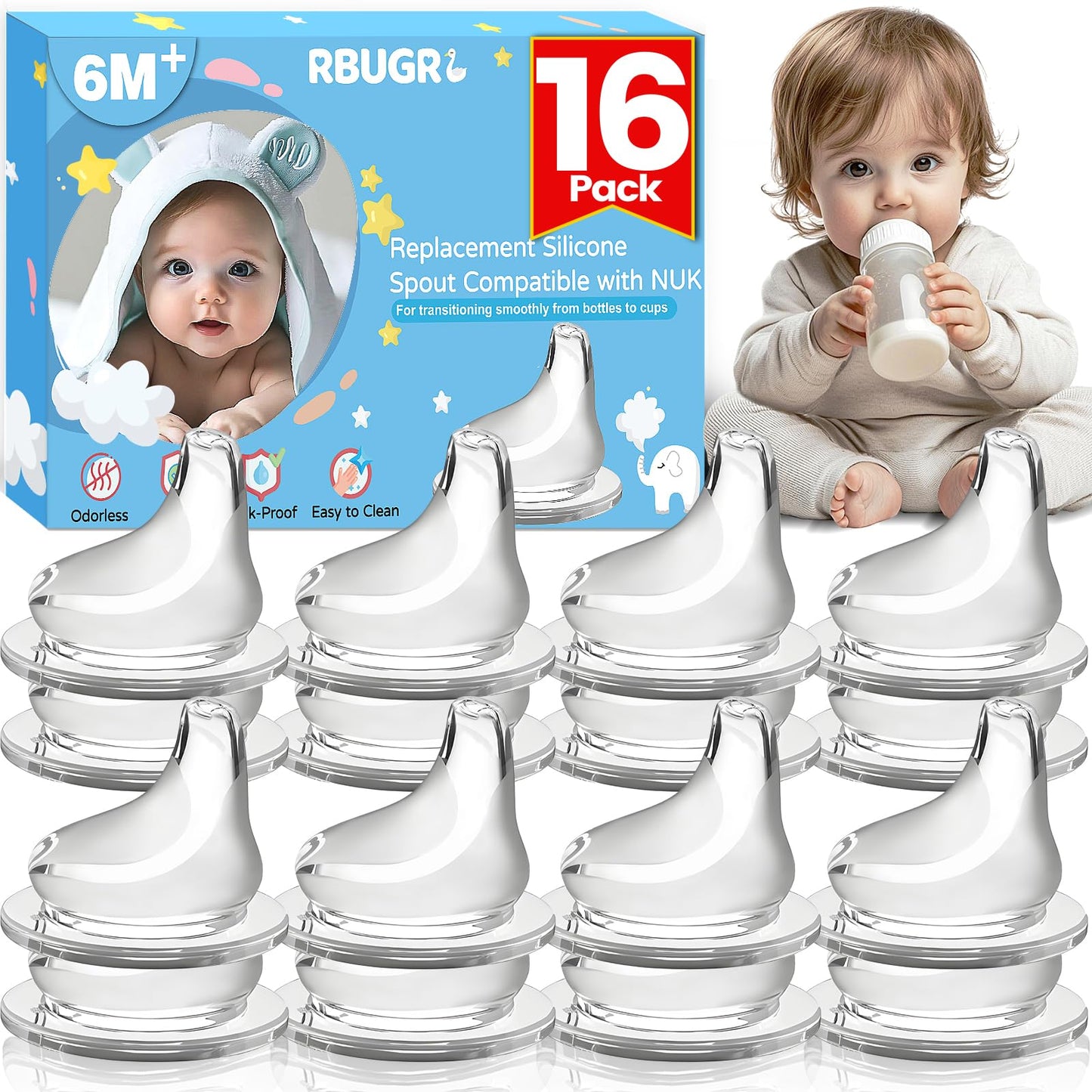 RBUGR 16 Pack Replacement Silicone Spout Compatible with NUK Active and Learner Cups, 100% Silicone Sippy Nipples for 6m+, Sippy