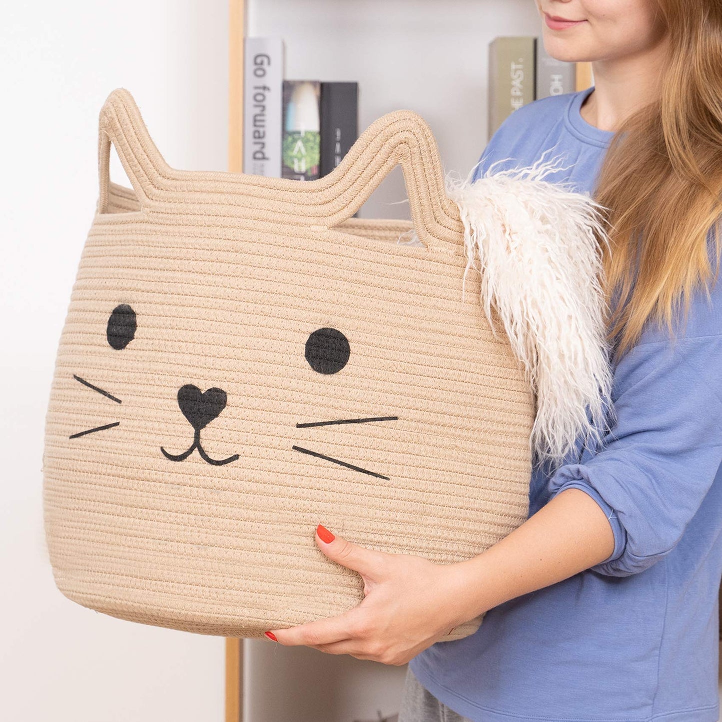 Vk Vkliving Animal Baskets Large Woven Cotton Rope Storage Basket With Cute Cat Design Animal Laundry Basket Organizer For Towel
