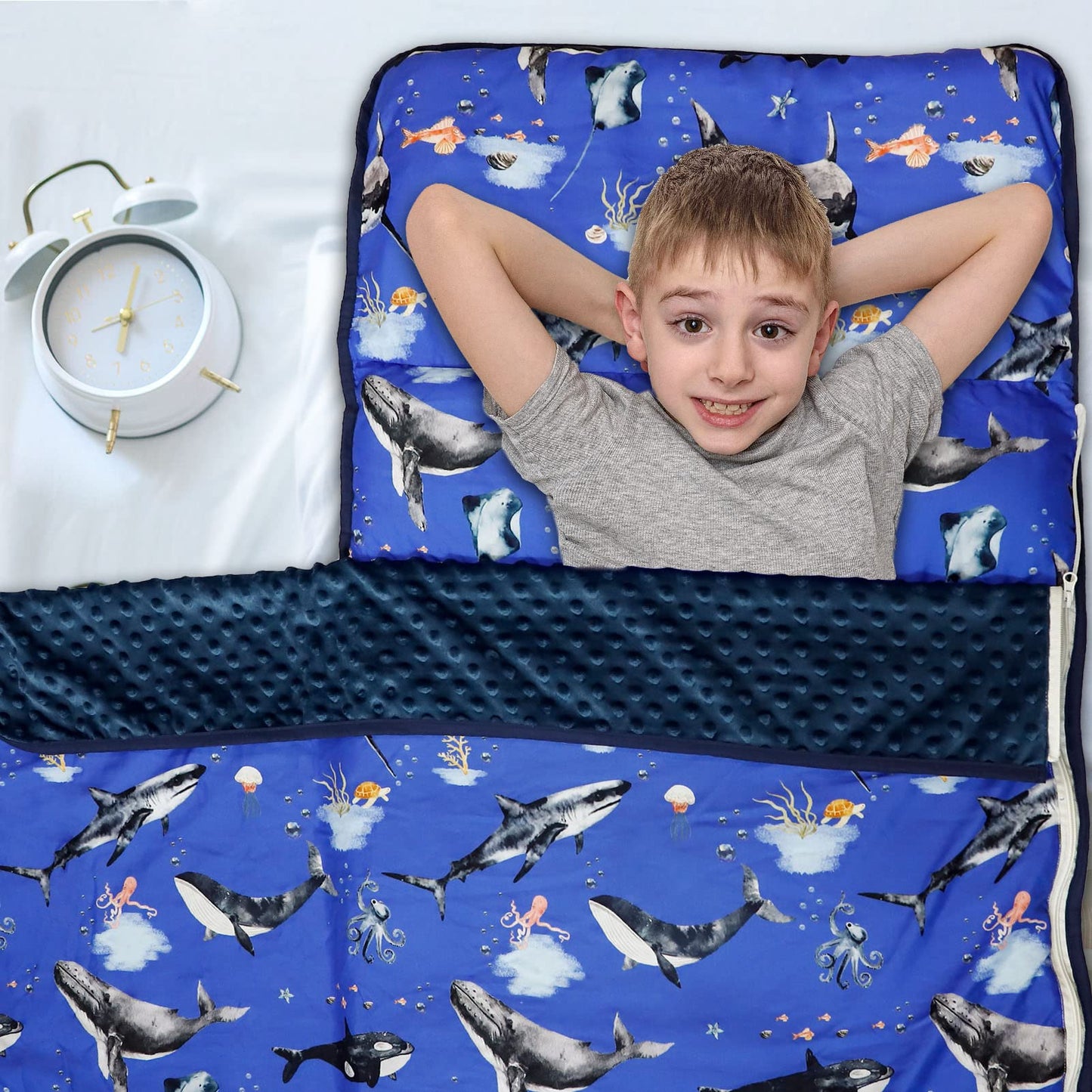 Toddler Nap Mat With Removable Pillow And Soft Dot Minky Blanket, Pea Pod Kids Shark Napping Mats Extra Large Rolled Slumber Bag