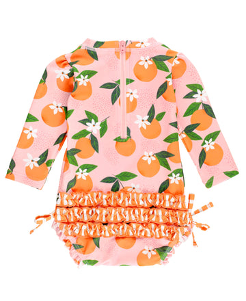 Rufflebutts Baby Girls Upf 50+ Sun Protection Novelty Print Long Sleeve One Piece Rash Guard Swimsuit With Zipper - Orange You T