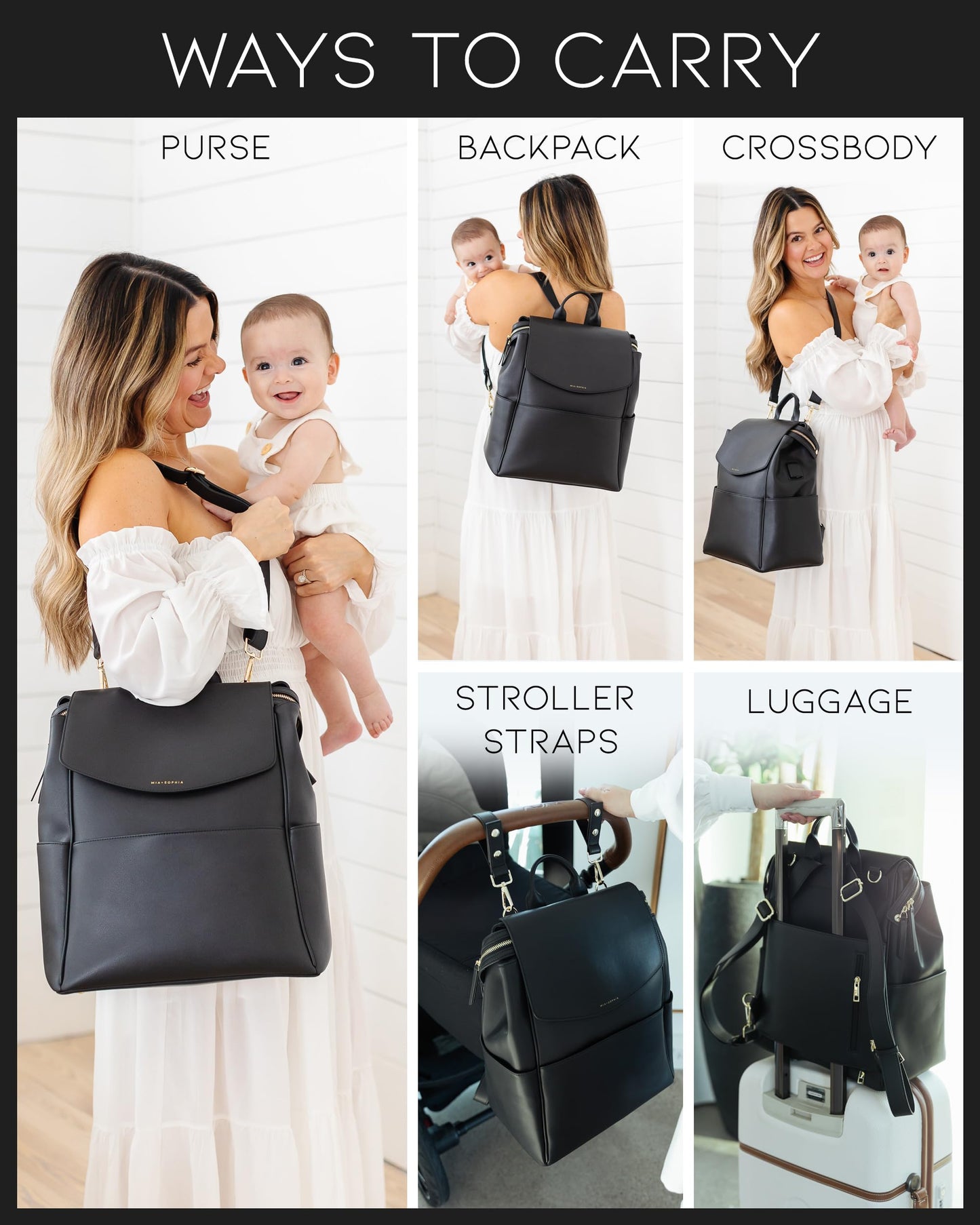 Mia + Sophia Leather Diaper Bag Backpack With Usb Charging Port, Changing Pad, Stroller Straps, And Bottle Holder (Black Olivia)