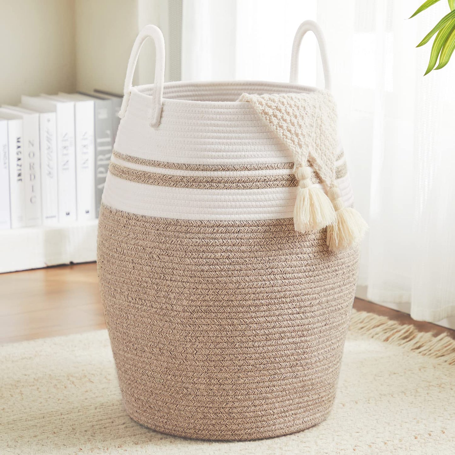 65L Cotton Rope Laundry Hamper by Fionas magic, Large Woven Tall Laundry Basket for Storage Clothes and Toy in Bedroom, Living 