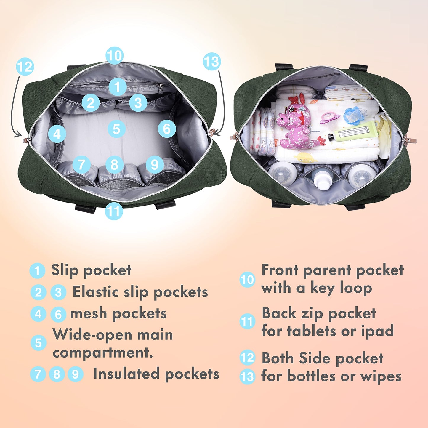 Dikaslon Diaper Bag Tote, Large Travel diaper tote for Mom and Dad, Multifunction baby tote bag for Boys and Girls with Pacifier