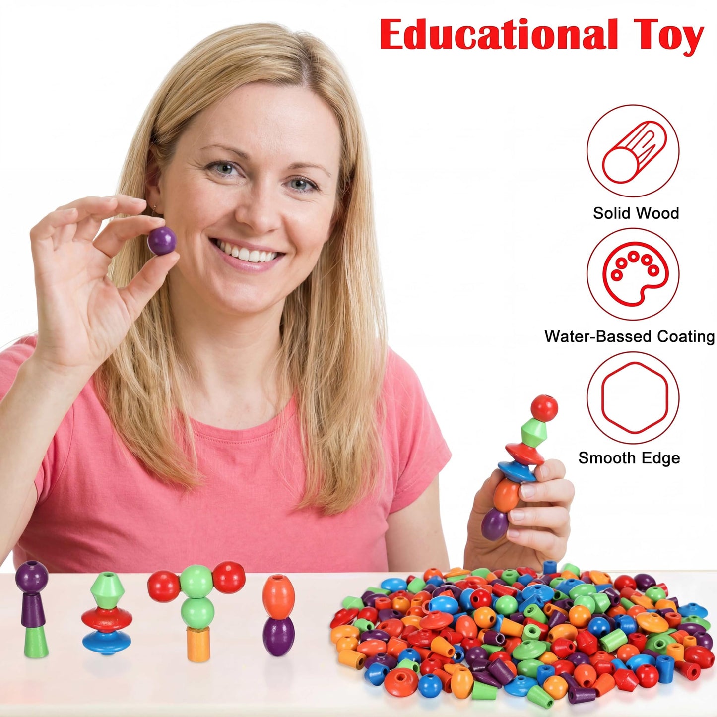 Shappy 324 Pcs Wooden Lacing Beads for Wooden String Beads Threading Toys Montessori Lacing Toys Fine Motor Skills Developmental
