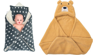 CTMKIDS Baby Wrap with Cushion Cap for Kids 74x84 cm  Grey & Baby Hooded Cum Wrap Blanket for Kids 92x66 cm  Camel