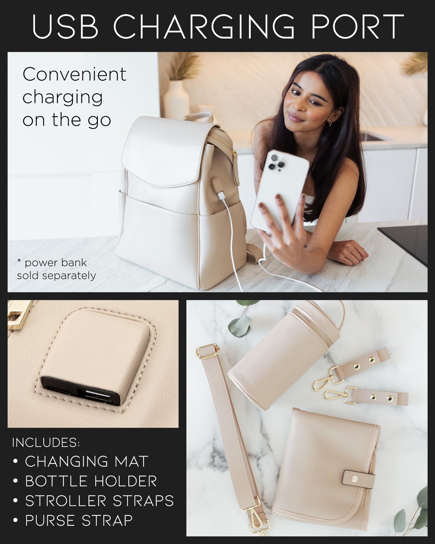 Mia + Sophia Leather Diaper Bag Backpack With Usb Charging Port, Changing Pad, Stroller Straps, And Bottle Holder (Beige Olivia)