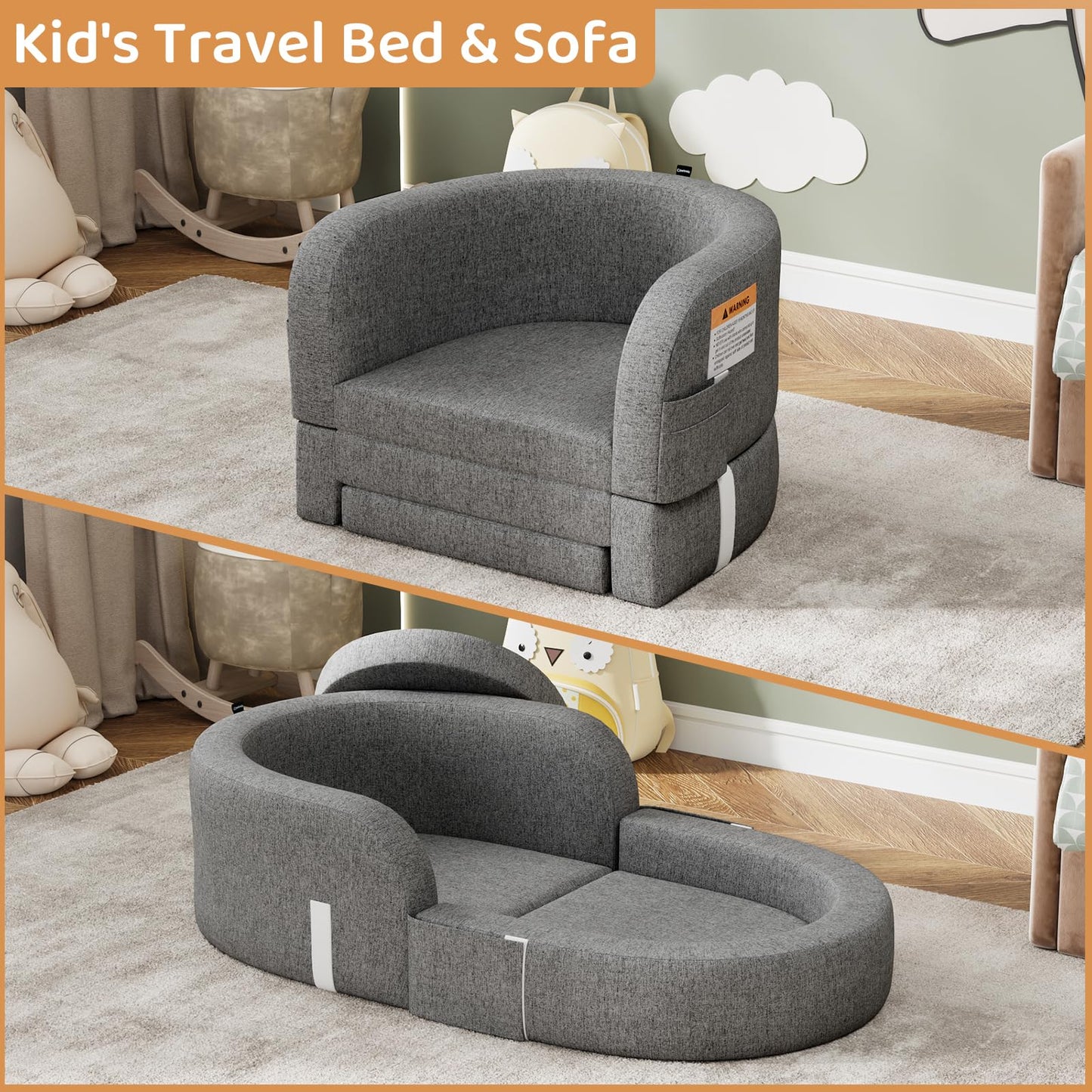 Cowiewie Toddler Travel Bed 2-In-1 Kids Sofa Chair With Removable Cover, Soft Foam Portable Foldable Toddler Bed For Travel With