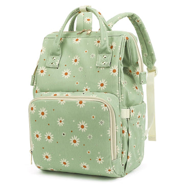 Yusudan Corduroy Diaper Bag Backpack for Baby Girls Boys, Women Large Nappy Bags for Mom (Green Corduroy Daisy)
