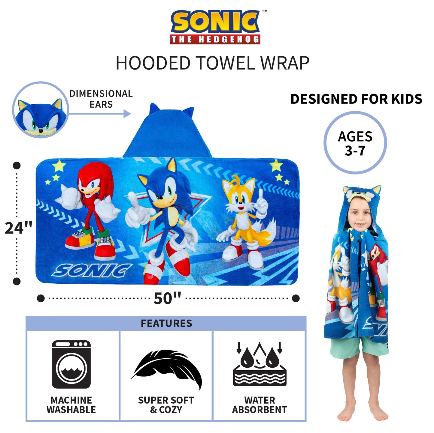 Sonic The Hedgehog, Anime, Bath/Pool/Beach Soft Cotton Terry Hooded Towel Wrap, 24 In X 50 In, By Franco Kids