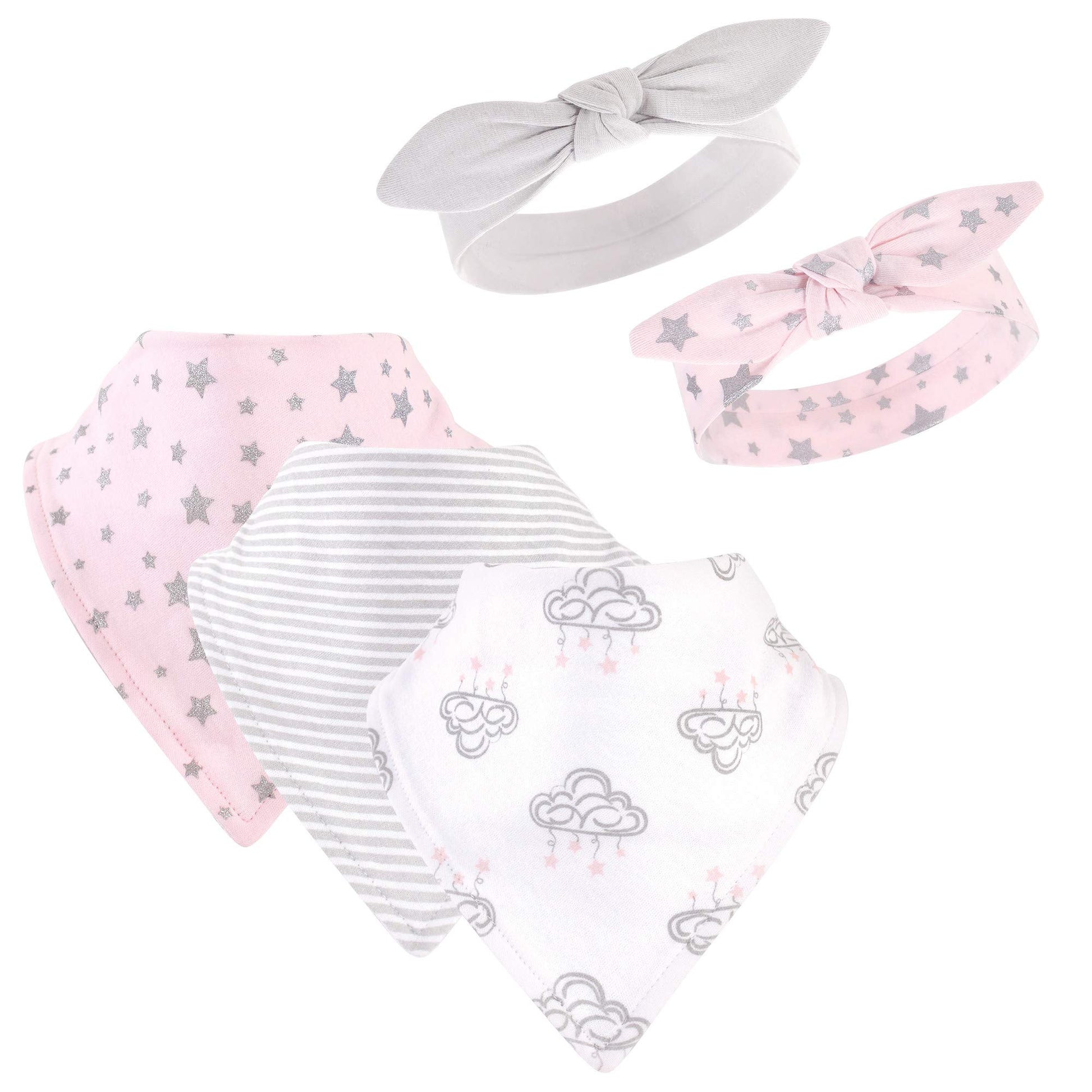Hudson Baby Unisex Baby Cotton Bib And Headband Or Caps Set, Cloud Mobile Pink, One Size