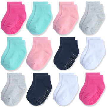Jakidar 12 Pair Baby Toddler Socks Non-Slip Grip Cotton Ankle Socks For Boys Girls Non Skid Soles For Infants Kids, Pink White,1