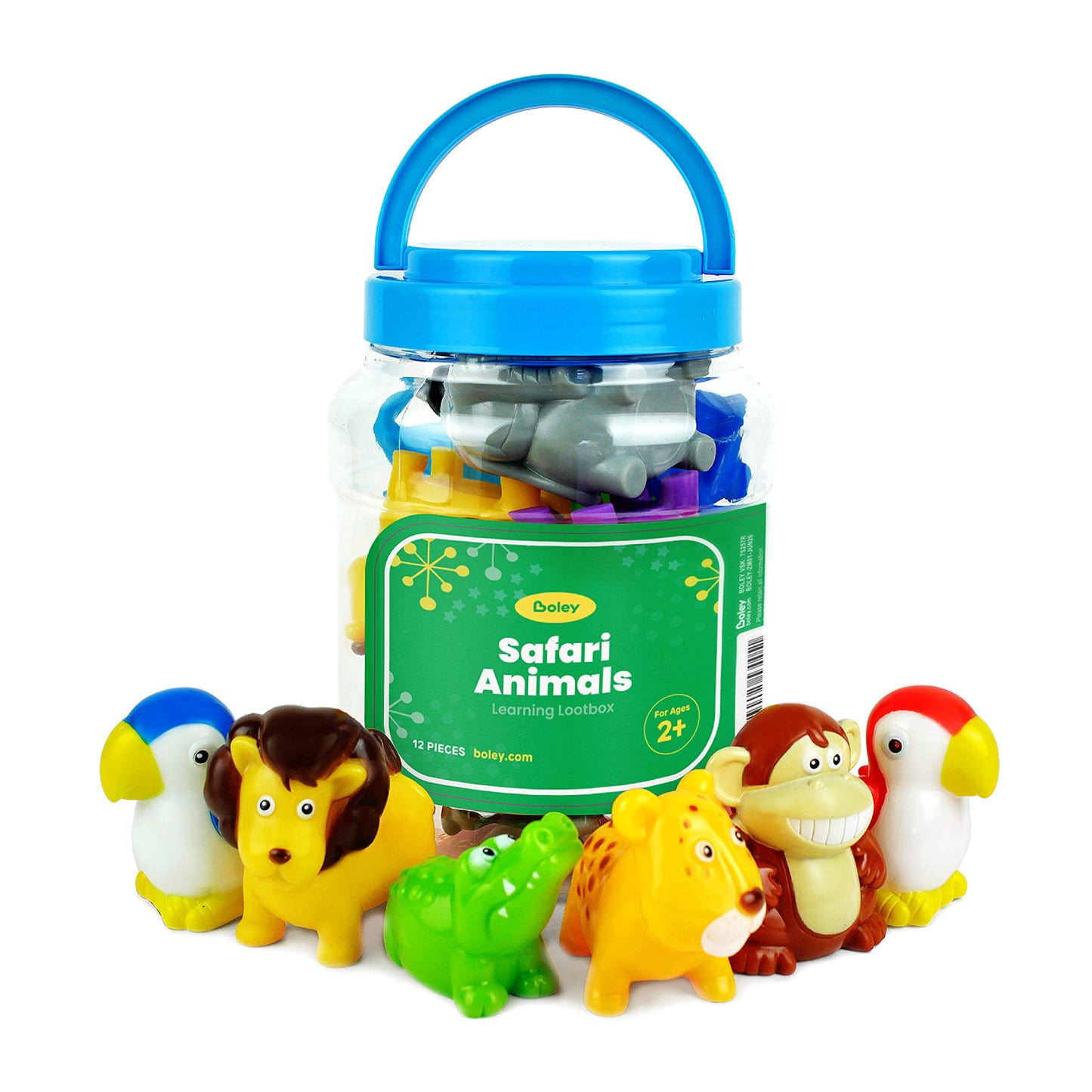 Boley Safari Animals Bath Toy Bucket - 12 Pc Set of Pool & Bath Toys for Toddlers - Educational & Safe Plastic Figures for Ages 