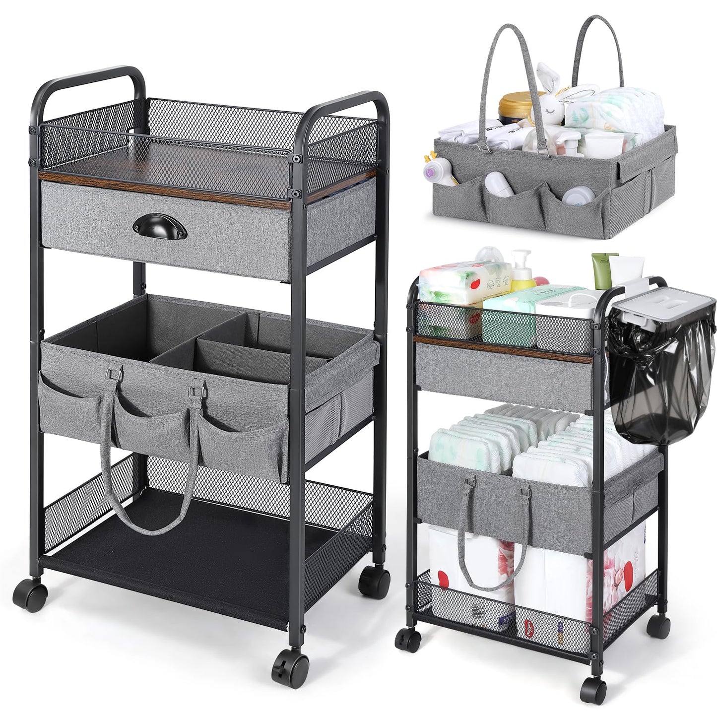 Orzbow Baby Caddy Cart Organizer, 4 Tier Baby Rolling Storage Cart with Drawer, Easy To Assemble, Detachable Infant Nursery Stor