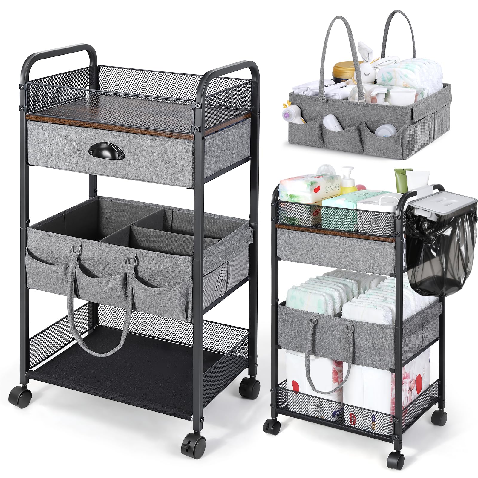Orzbow Baby Caddy Cart Organizer, 4 Tier Baby Rolling Storage Cart with Drawer, Easy To Assemble, Detachable Infant Nursery Stor