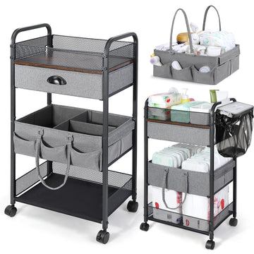 Orzbow Baby Caddy Cart Organizer, 4 Tier Baby Rolling Storage Cart with Drawer, Easy To Assemble, Detachable Infant Nursery Stor