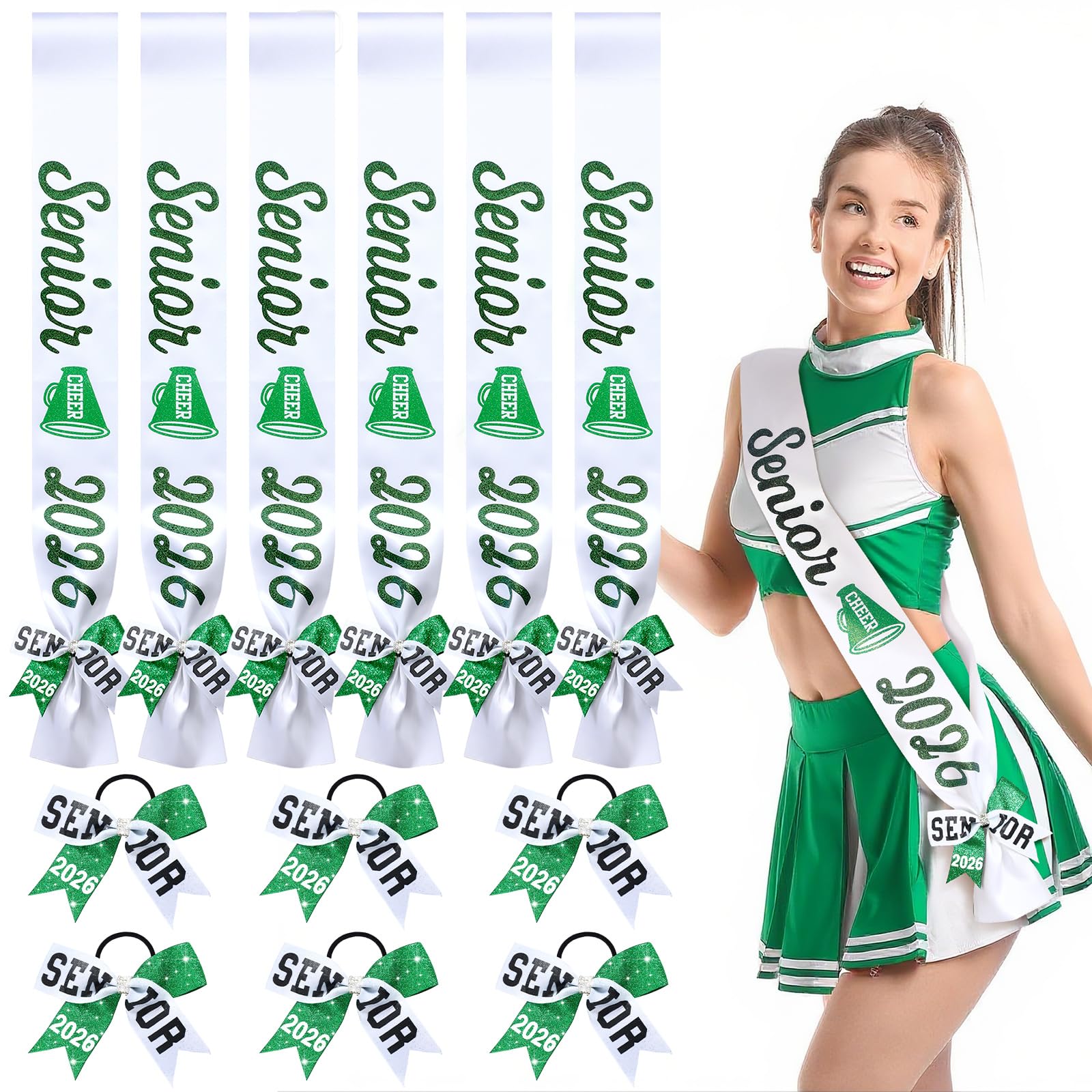 Vinsatin 6 Set Senior Sash 2026 Sport Satin Sash Glitter Cheer Hair Bow Senior Night Decor Cheerleader Gift Girl(Green)