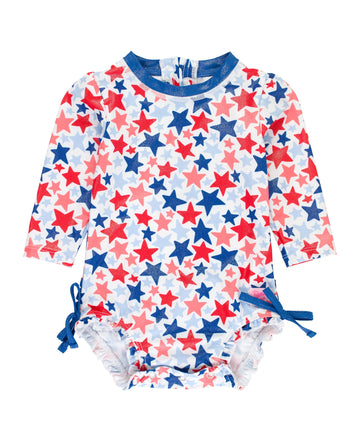 Rufflebutts Baby Girls Upf 50+ Sun Protection Novelty Print Long Sleeve One Piece Rash Guard Swimsuit With Zipper - Lavender Sun