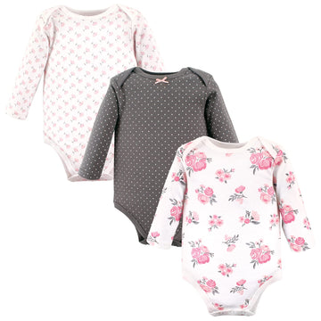 Hudson Baby Unisex Baby Cotton Long-Sleeve Bodysuits, Basic Pink Floral, 6-9 Months