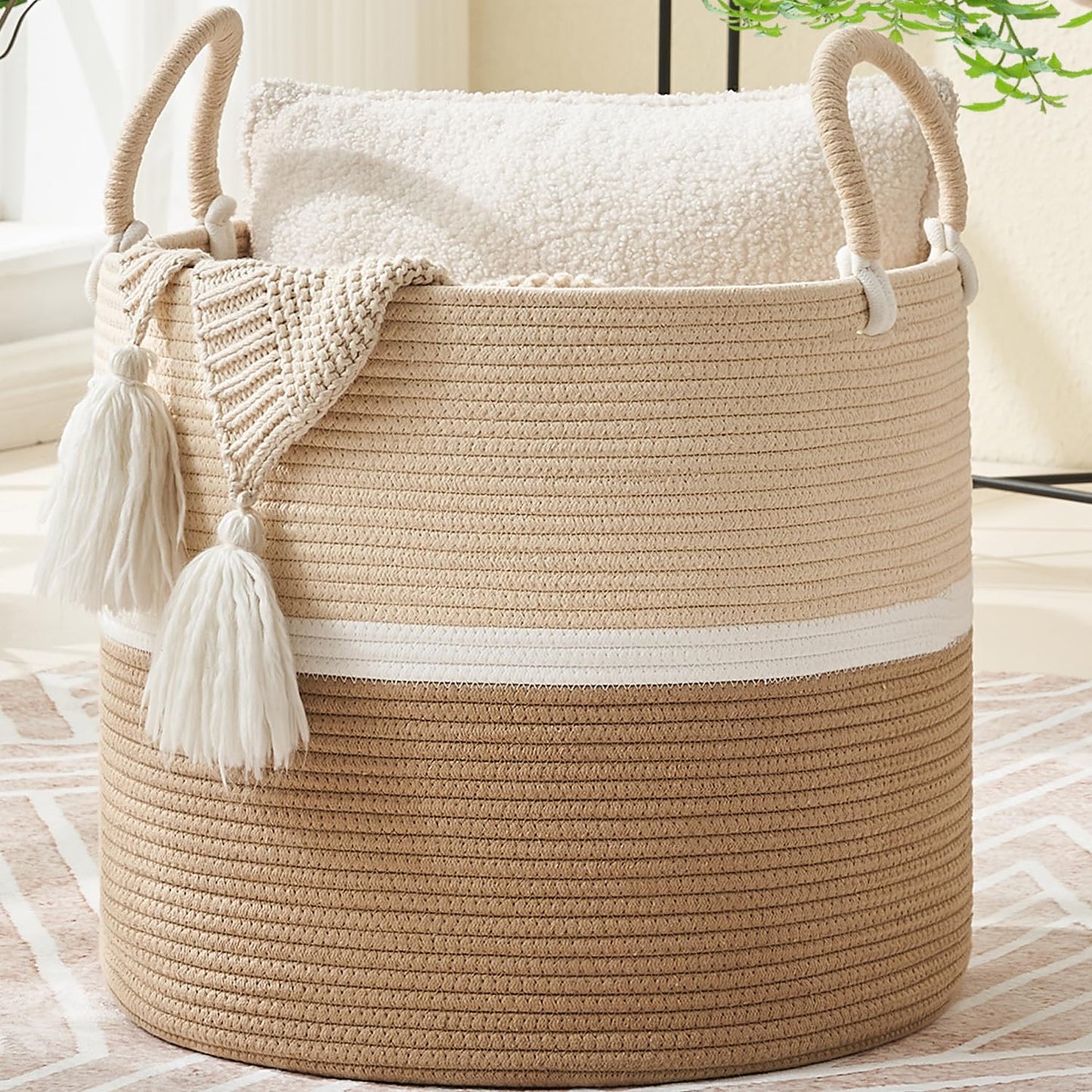 Kakamay Large Blanket Basket (18 'X18 'X16 '),Woven Baby Laundry Hamper For Storage, Cotton Rope Blankets Baskets For Nursery