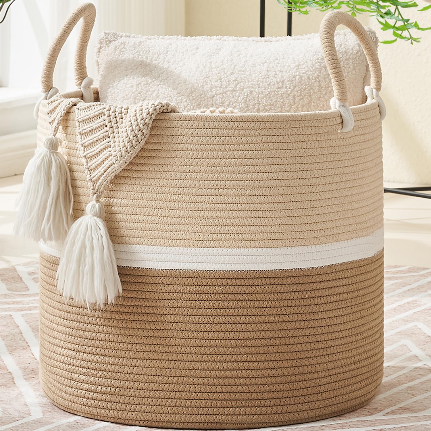Kakamay Large Blanket Basket (18 'X18 'X16 '),Woven Baby Laundry Hamper For Storage, Cotton Rope Blankets Baskets For Nursery