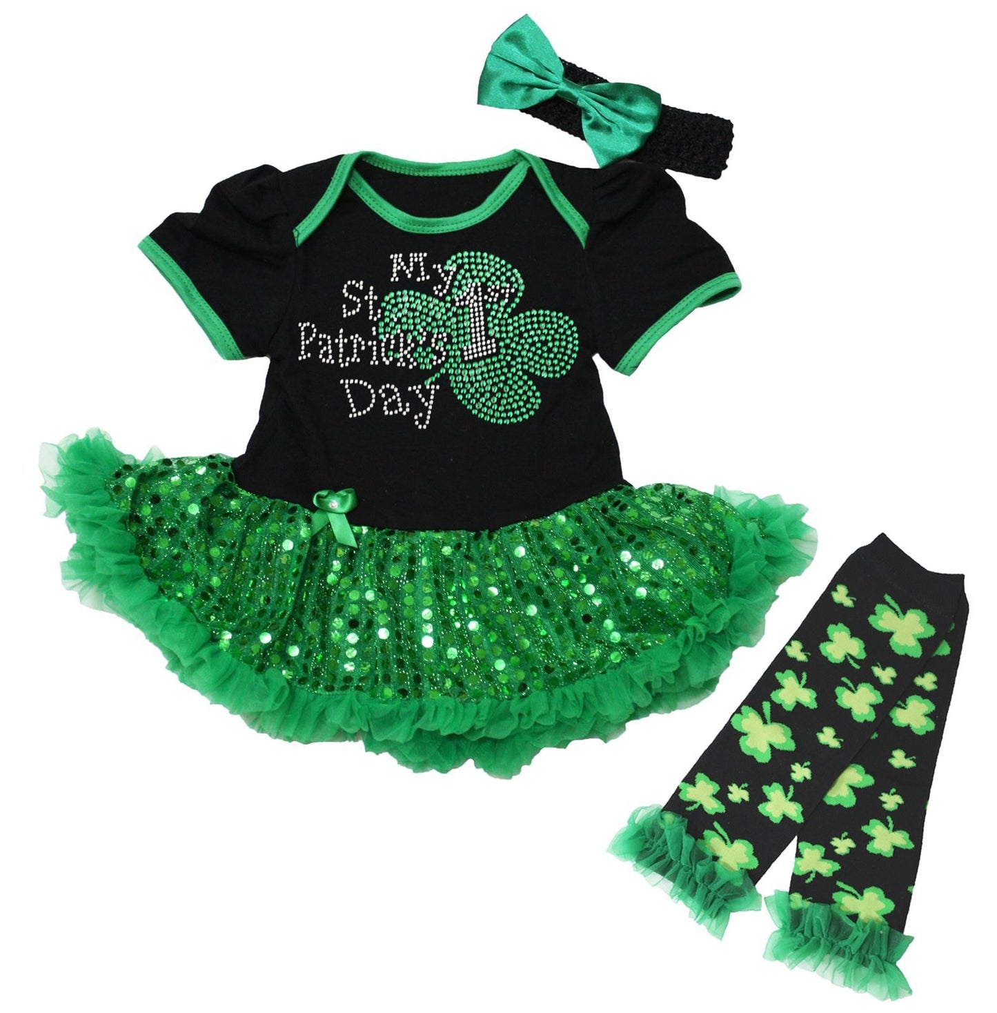 Petitebella Rhinestone My 1St St Patrick Day Baby Dress Leg Warmer Nb-18M (Black/Green Sequins, 3-6 Months)