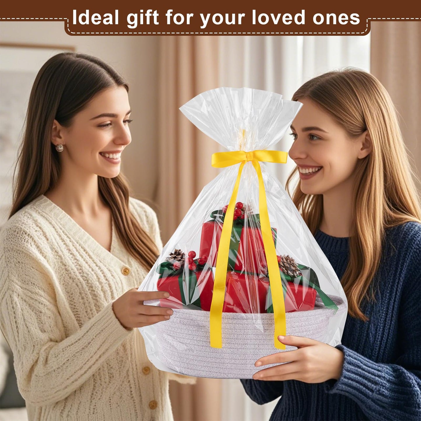 Oiahomy Gift Basket With Handle, Small Woven Basket With Gift Bag, Ribbon And Wrap Tissue Paper, Nursery Bins Empty To Fill With