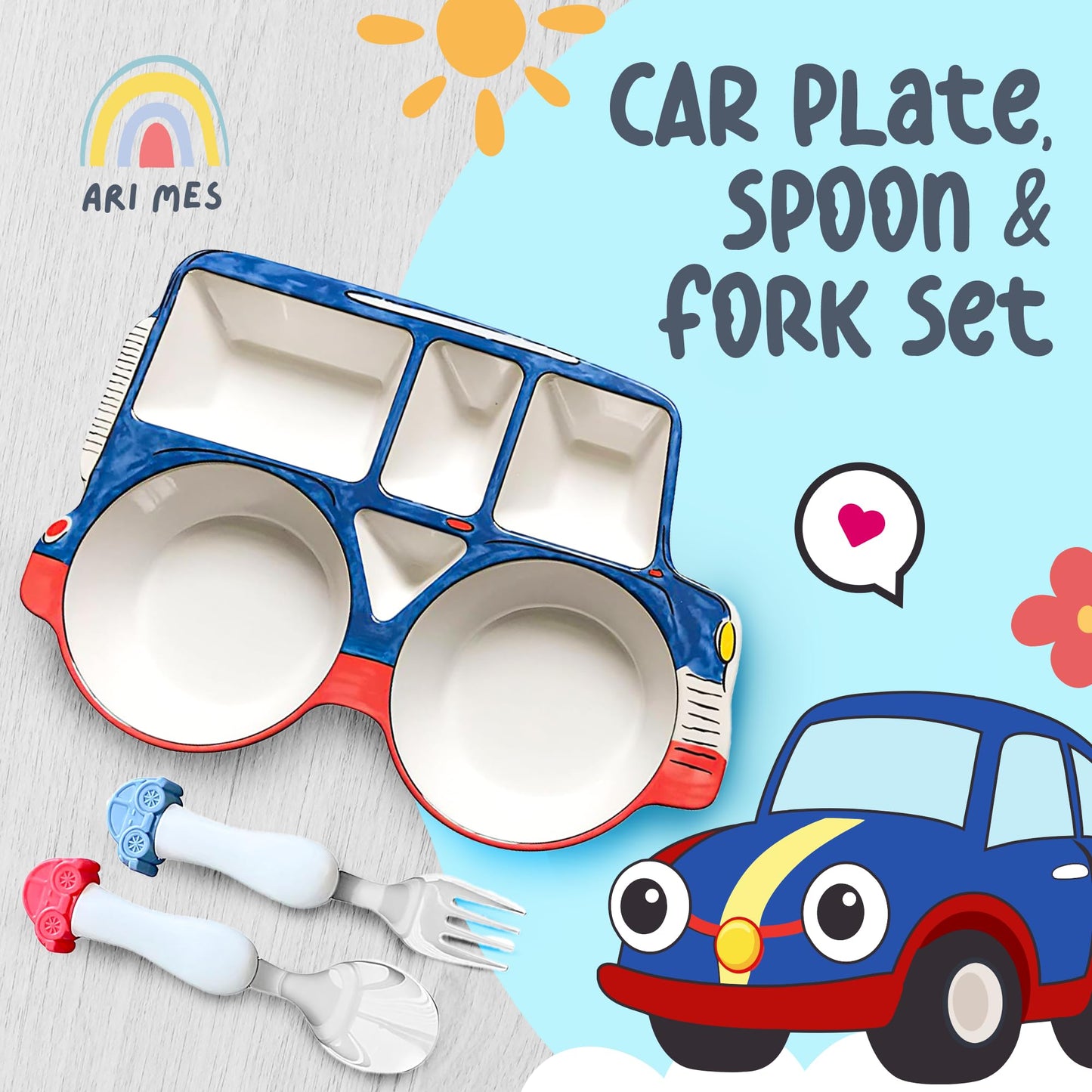 Ari Mes - Divided Car Plate For Toddlers With Spoon And Fork - Fun, Bpa-Free, Shatter- Resistant, Lightweight, Picky Eaters Kids