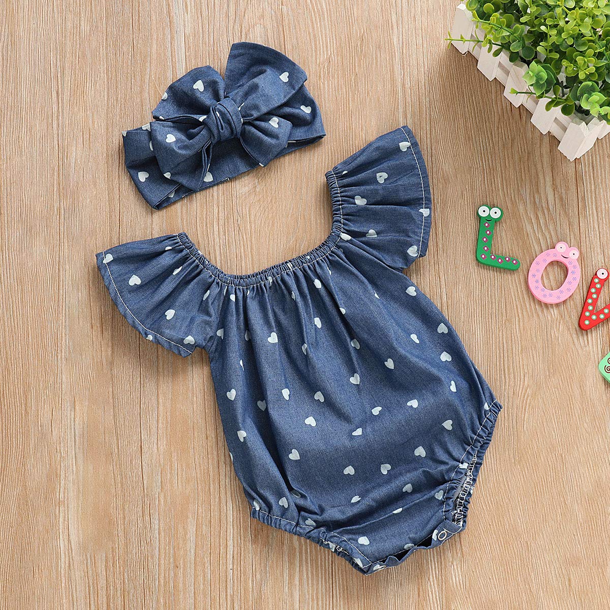Newborn Baby Girls Romper Jumpsuit Infant Girl Summer Bodysuits Ribbed Short Sleeve One-Piece Headband (Denim, 0-6 Months)