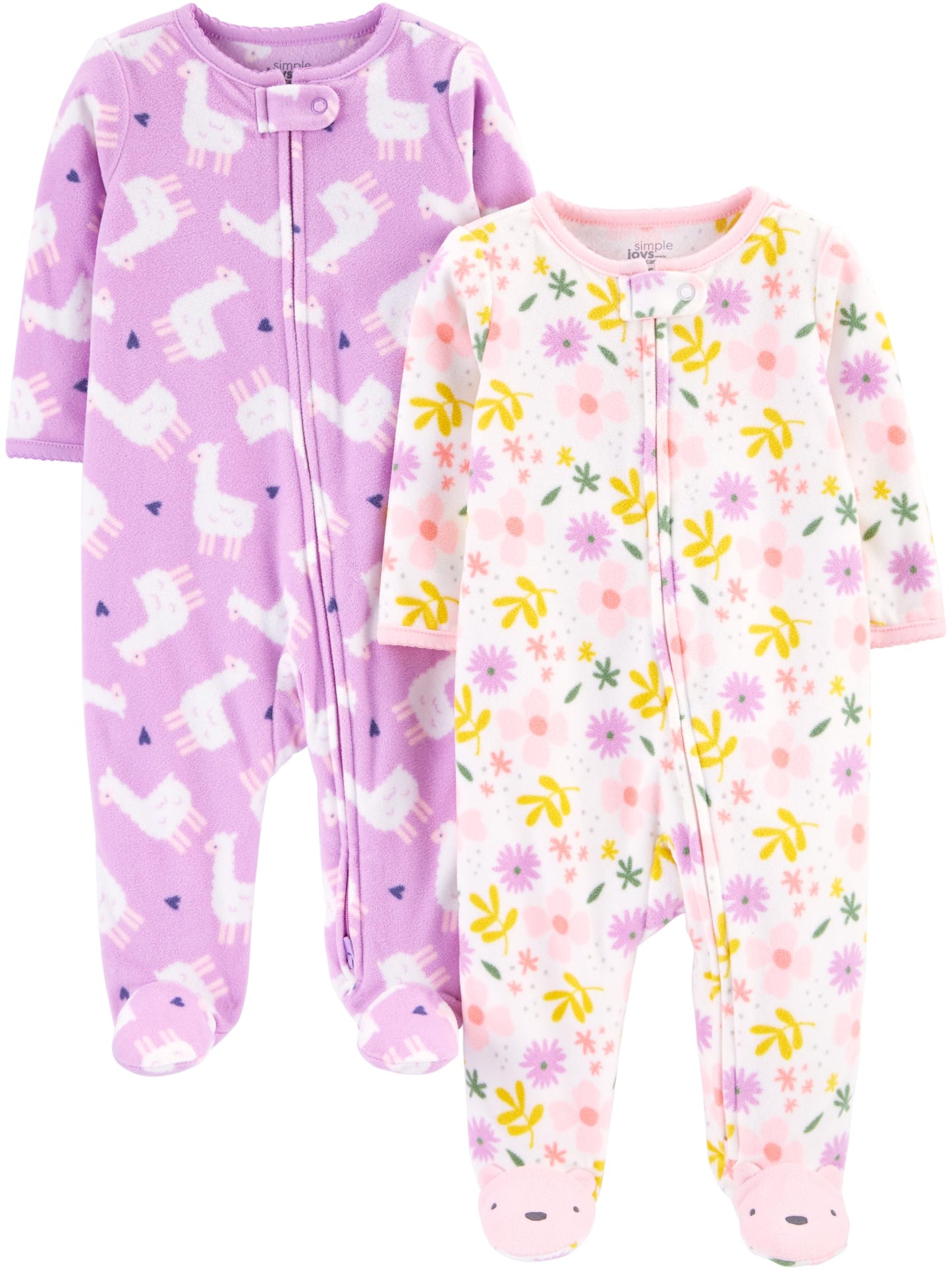 Simple Joys By Carter'S Baby Girls' Fleece Footed Sleep And Play, Pack Of 2, Purple Llama/White Floral, 3-6 Months