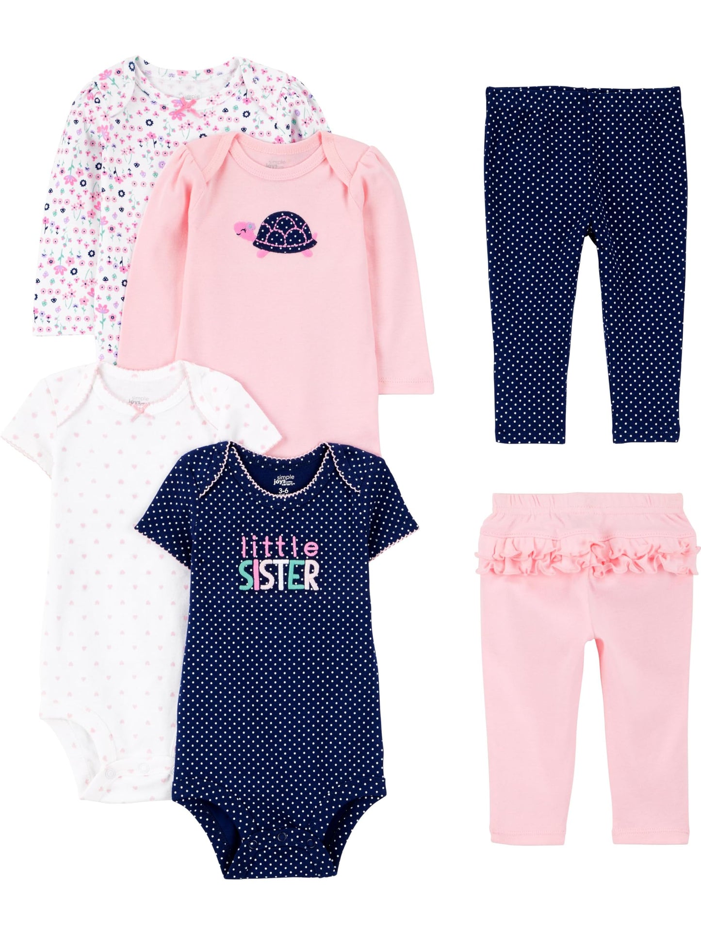 Simple Joys Baby Girls 6 piece Little Character set Sleepwear, Pink/Navy Ruffle, Newborn