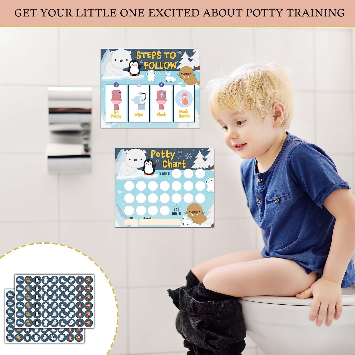 Winter Animals Potty Training Sticker Chart, 10 Potty Charts With 216 Round Stickers & 1 Instruction Sheet, Potty Reward Sticker