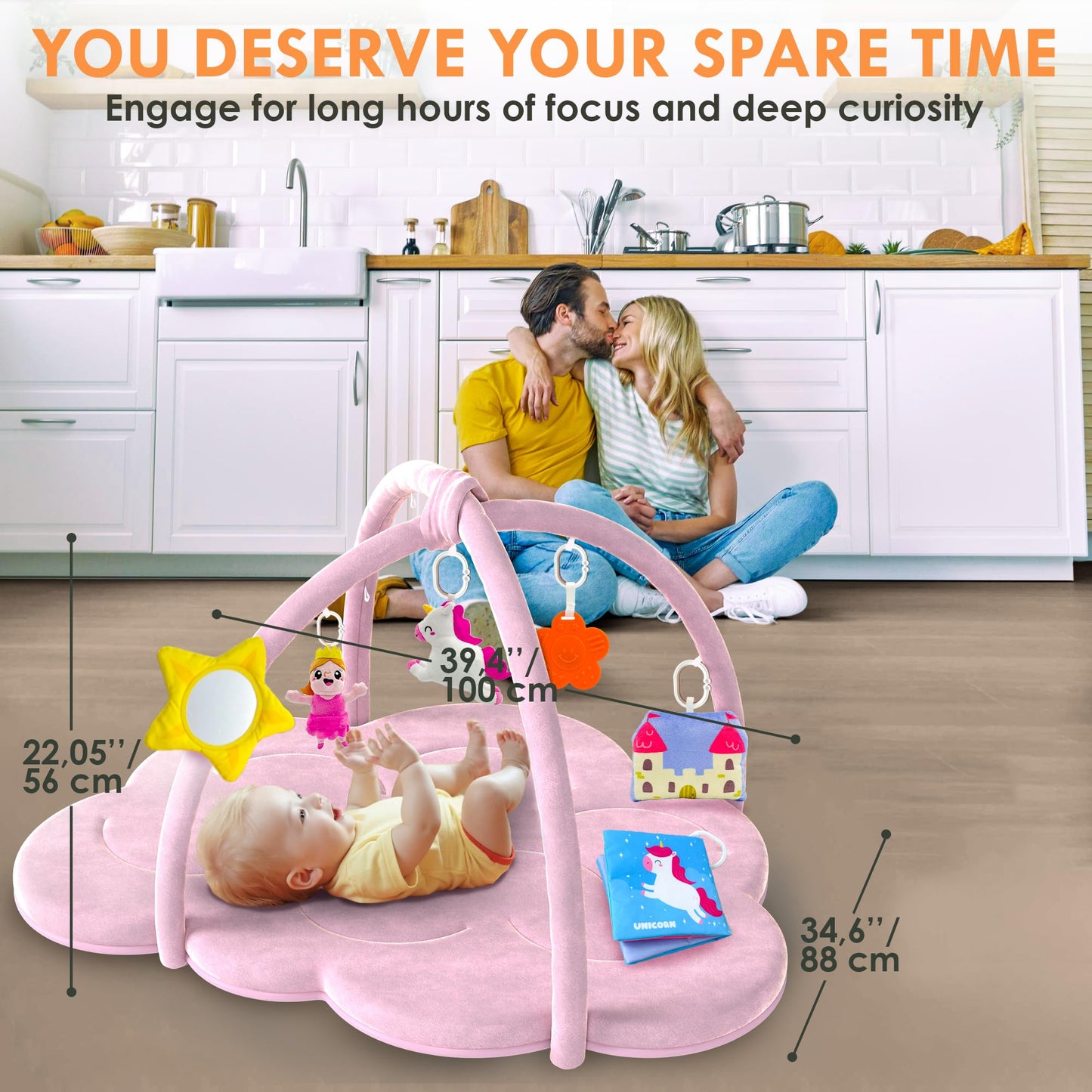 Quokka Baby Play Gym Xl - Unicorn-Themed Baby Play Mat With 6 Large Sensory Toys - Tummy Time Mat For Infant Development - Machi